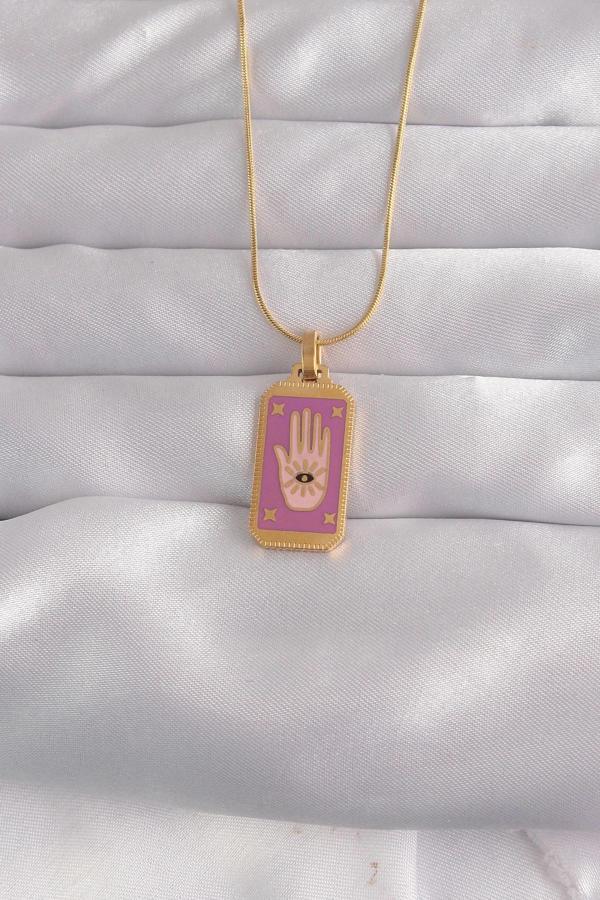 316L Çelik Gold Renk Mor Mineli El Figür Tarot Kolye - Image 1