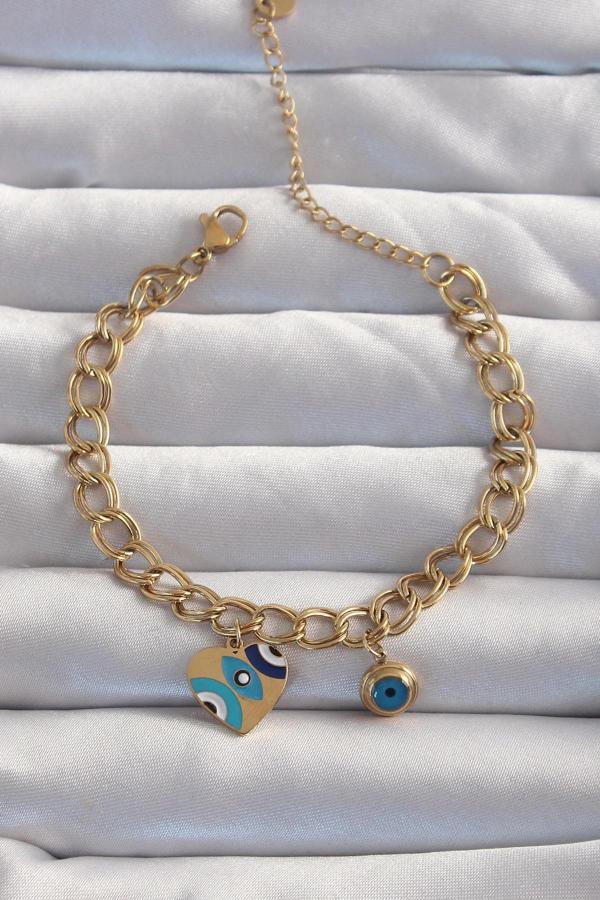 316L Çelik Gold Renk Nazarlı Kalp Model Zincir Bileklik - Image 1