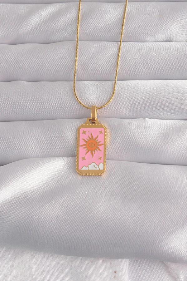 316L Çelik Gold Renk Pembe Mineli Güneş Model Tarot Kolye - Image 1