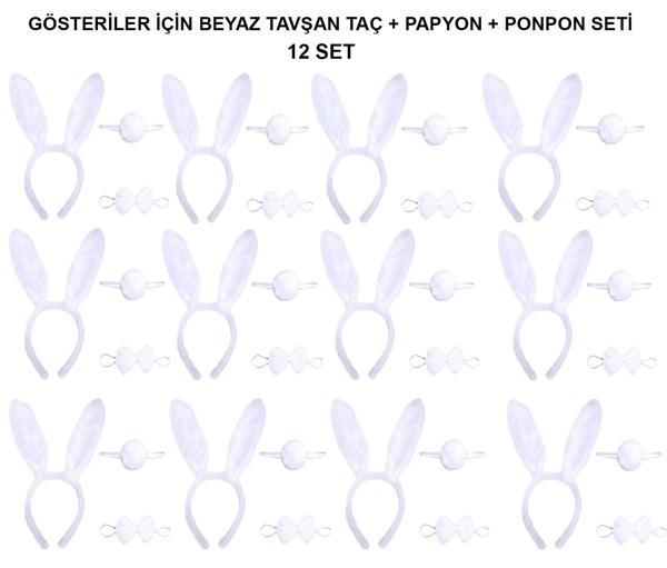 Beyaz Tavşan Kostüm Seti – Taç, Papyon, Kuyruk (12’li Paket) - Image 1