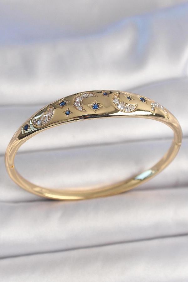 Pirinç Gold Renk Zirkon Taşlı Hilal İşleme Mavi Taşlı Yıldız Detay Kadın Kelepçe - Image 1