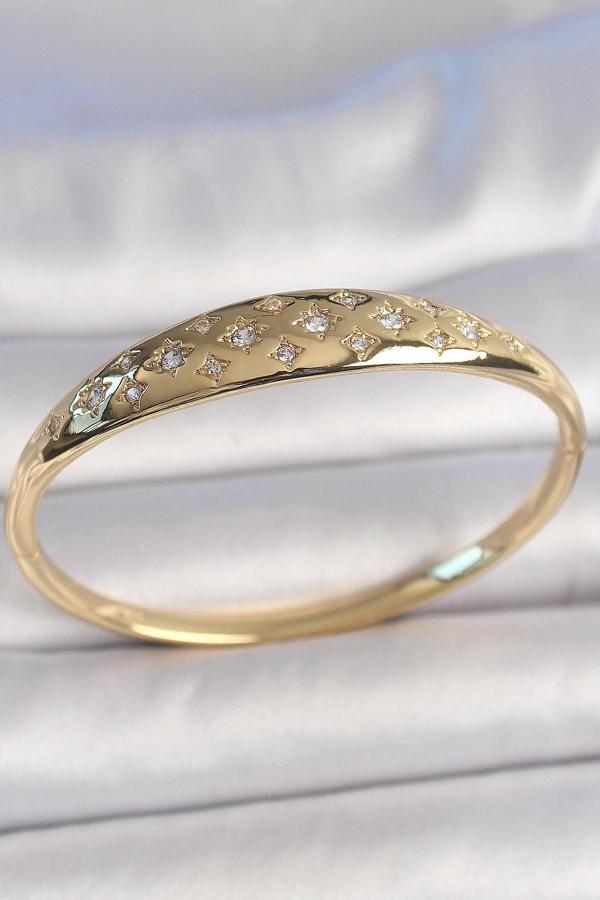 Pirinç Gold Renk Zirkon Taşlı Yıldız İşlemeli Kadın Kelepçe - Image 1