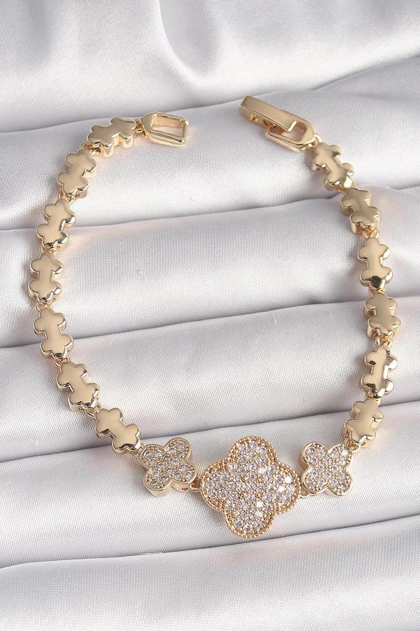 Pirinç Gold Renk Zirkon Taşlı Yonca Model Zincir Kadın Bileklik - Image 1