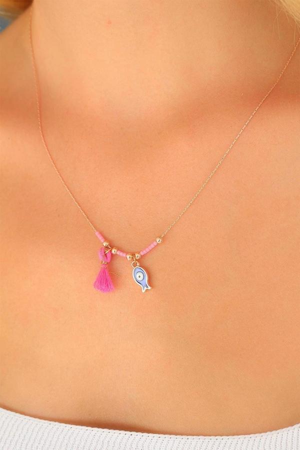 Nazar Boncuklu Pembe Renk Taşlı Rose Bayan Kolye - Image 1