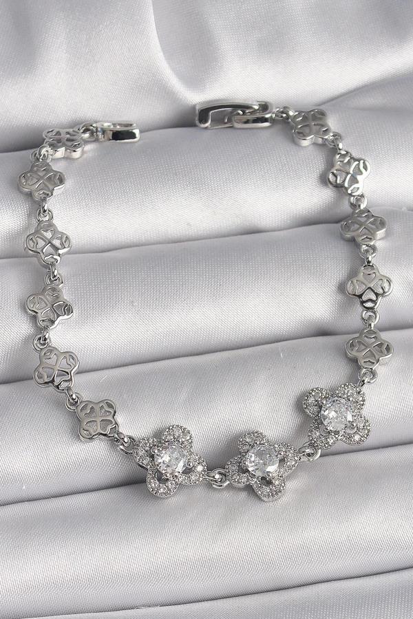 Pirinç Gümüş Renk Zirkon Taşlı Yonca Model Kadın Bileklik - Image 1