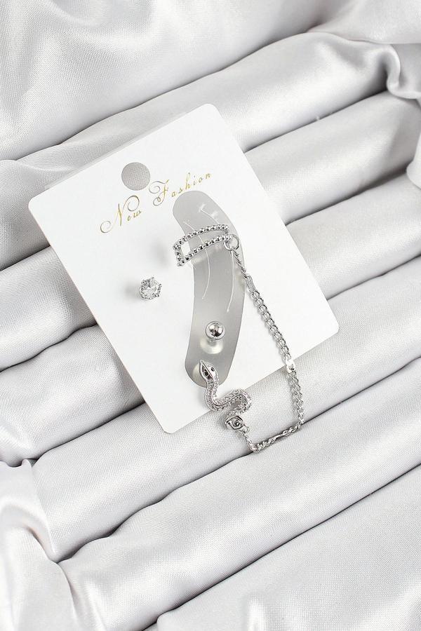 Pirinç Yılan Figürlü Zirkon Taşlı Gümüş Renk 3'lü Kıkırdak Kadın Küpe Set - Image 1