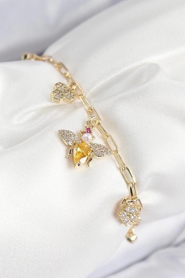 Pirinç Zirkon Taşlı Arı Model Gold Renk Kadın Bileklik - Image 1