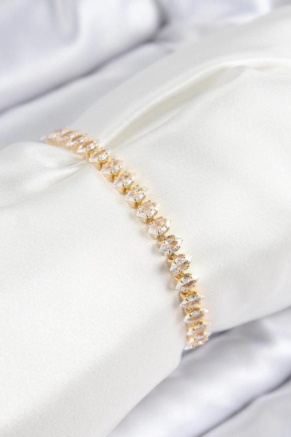 Pirinç Zirkon Taşlı Damla Model Gold Renk Asansörlü Kadın Bileklik - Image 1