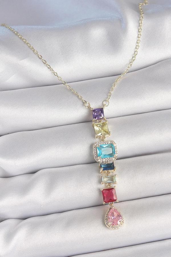 Gold Karışık Renk Zirkon Taşlı Y Pirinç Kolye - Image 1