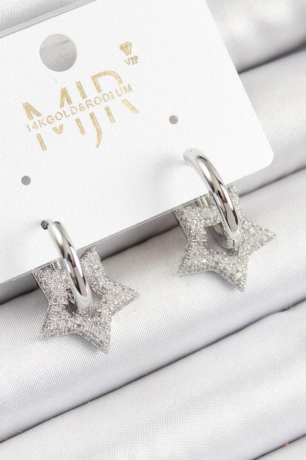 Pirinç Zirkon Taşlı Yıldız Figürlü Halka Model Gümüş Renk Kadın Küpe - Image 1