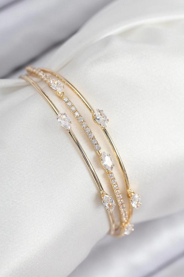 Pirinç Zirkon Taşlı Su Yolu Model Gold Renk Kadın Bileklik - Image 1