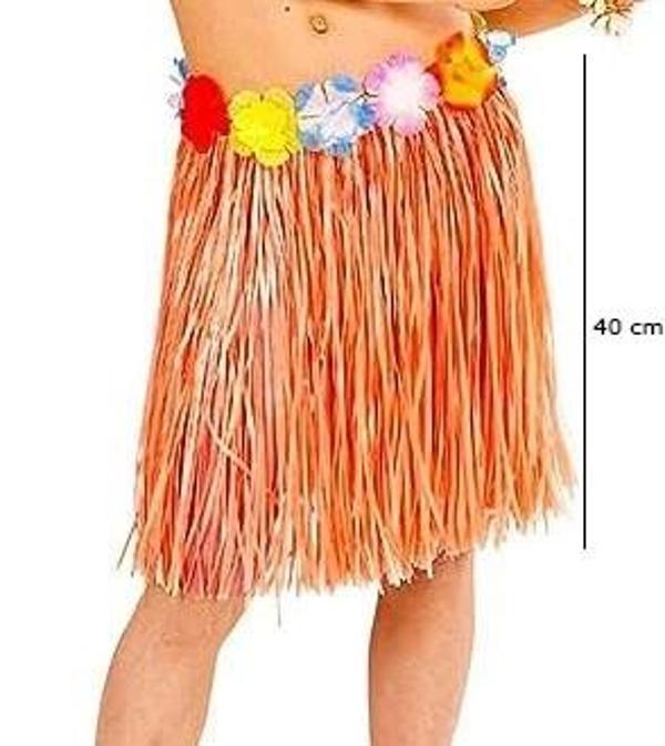 Yetişkin Ve Çocuk Uyumlu Turuncu Renk Püsküllü Hawaii Luau Hula Etek 40 Cm - Image 1