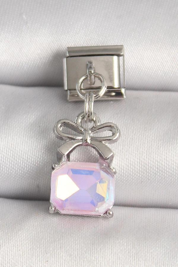 316L Çelik Gümüş Renk Pembe Zirkon Taşlı Çanta Model Nomination Charm - Image 1