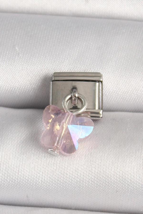 316L Çelik Gümüş Renk Pembe Zirkon Taşlı Kelebek Model Nomination Charm - Image 1