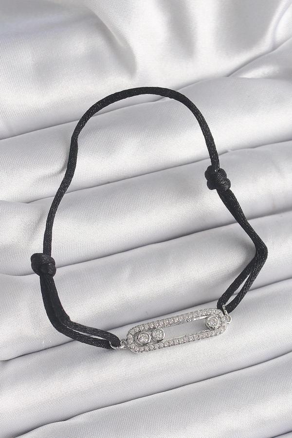 Siyah Renk İpli Asansör Zirkon Taşlı Gümüş Messika Model Kadın Bileklik - Image 1