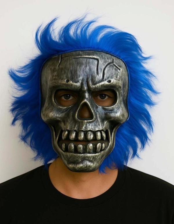 Wild Skull - Gümüş Kafatası Mavi Saçlı İskelet Maske - Image 1