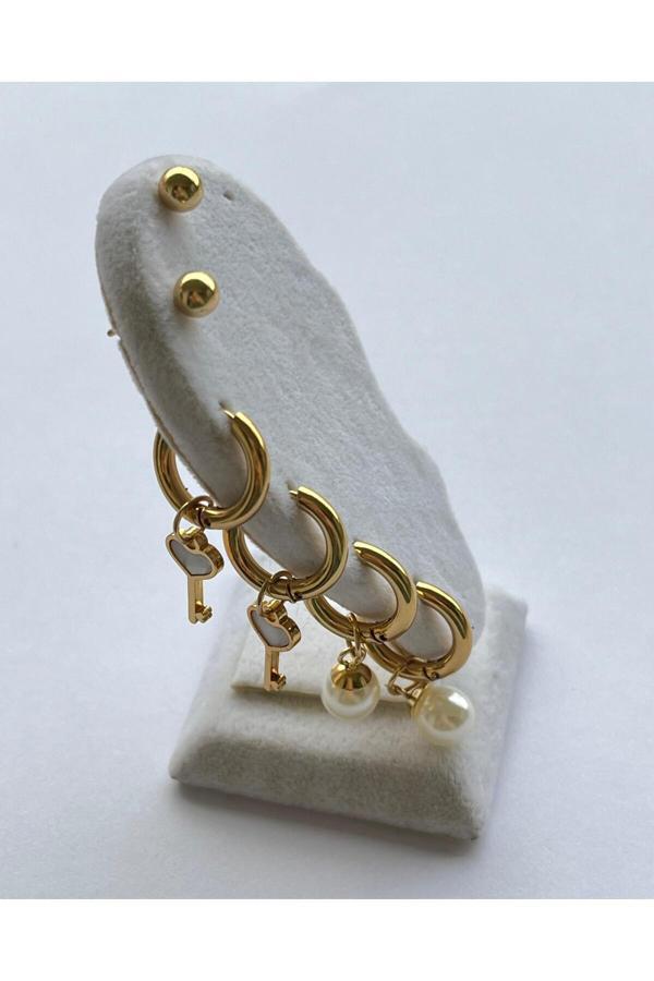 Eyla Collection 3 Lü Çelik Küpe Kombin Seti - Image 1