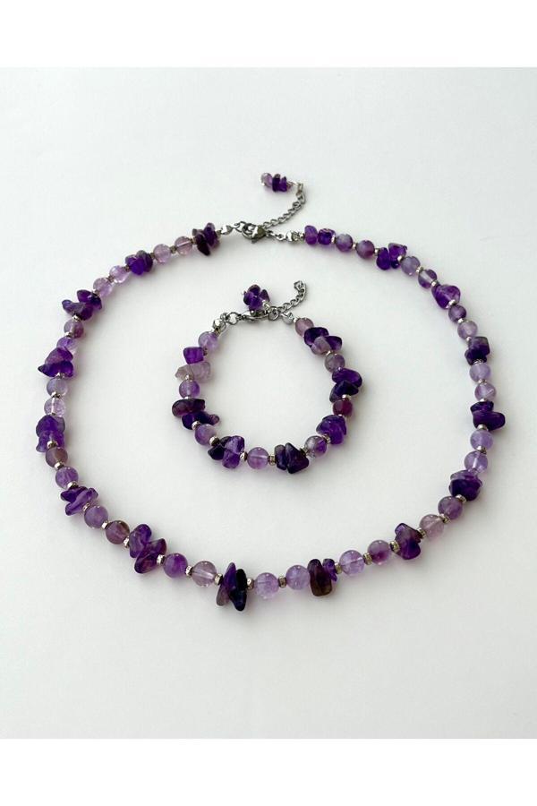Eyla Collection Ametist Doğal Taş Bileklik & Kolye 2 Li Set - Image 1