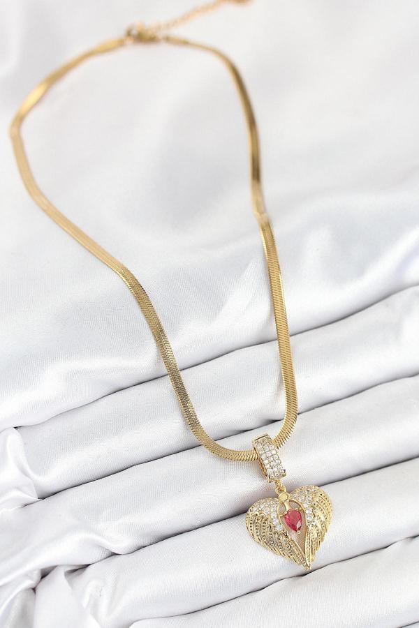 Zarif Kadın için Golden Çelik Zirkonlu Kanatlı Kalp Tarz Kolye - Image 1