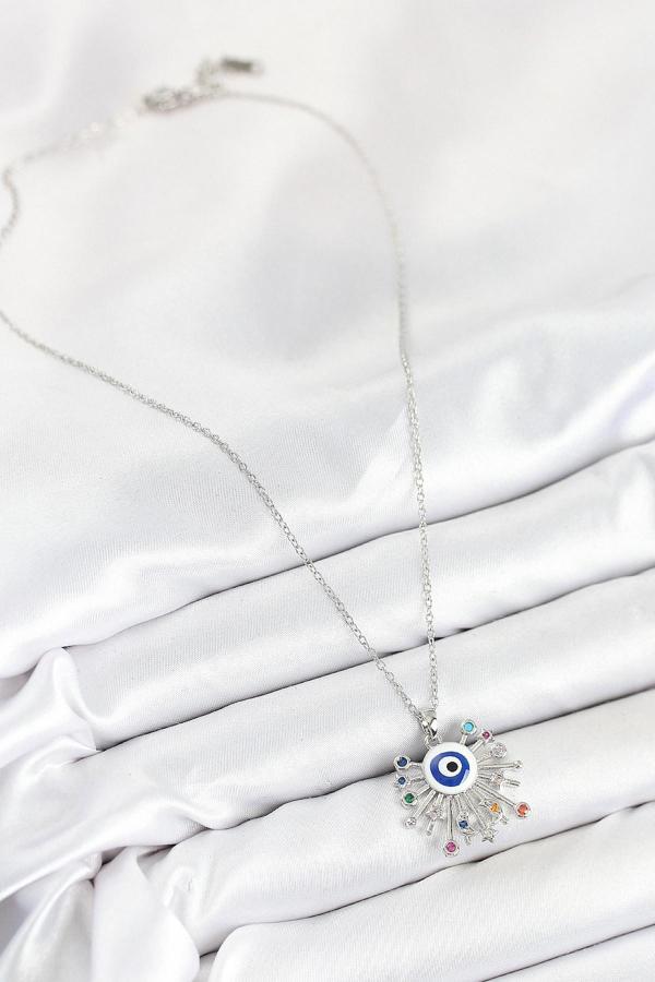 Zarif Kadın için Silver Çelik Zirkonlu Nazarlıklı Kolye - Image 1