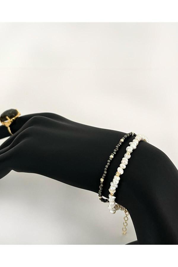 Eyla Collection Perla & Pyra – 2 Li Gerçek İnci Ve Pirit Bileklik Seti - Image 1