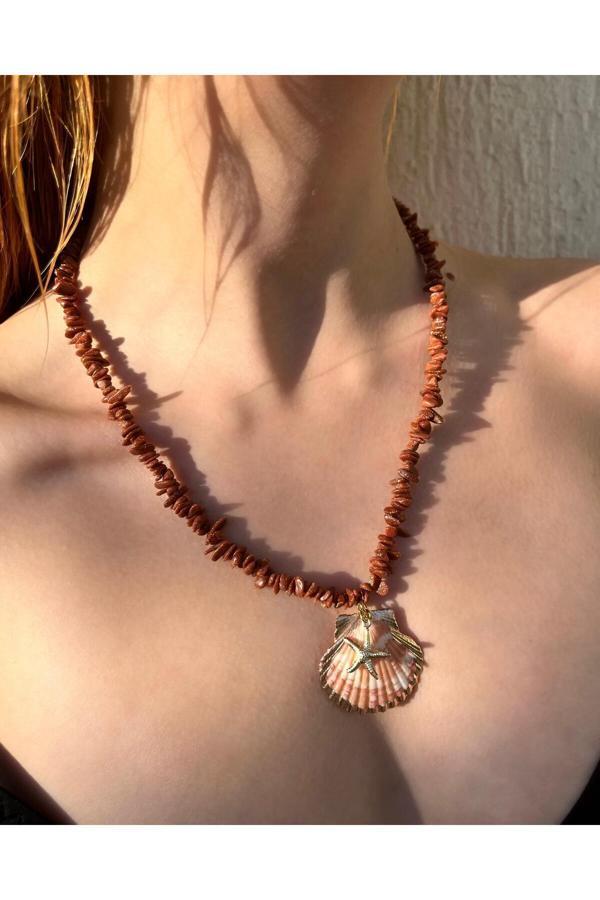 Eyla Collection Shellia Goldstone Taşlı Doğal Deniz Kabuğu Kolye - Image 1