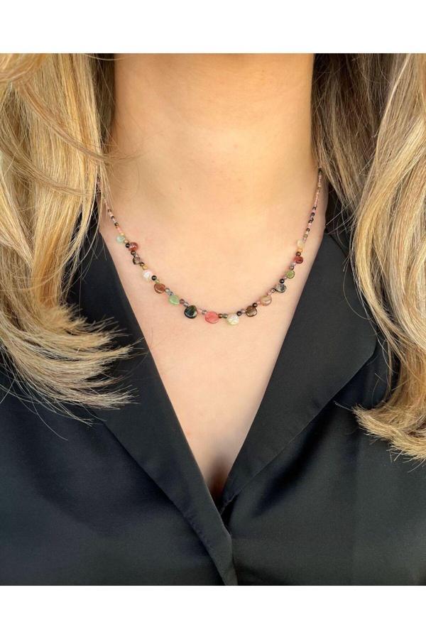 Eyla Collection Tasarım Turmalin Doğal Taş Kolye - Çelik Detaylı - Image 1