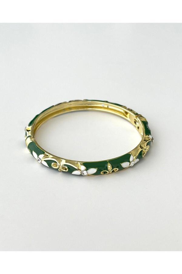 Eyla Collection Zarif Çiçek Desenli Yeşil Mineli Kelepçe Bileklik – Altın Rengi Detaylı - Image 1