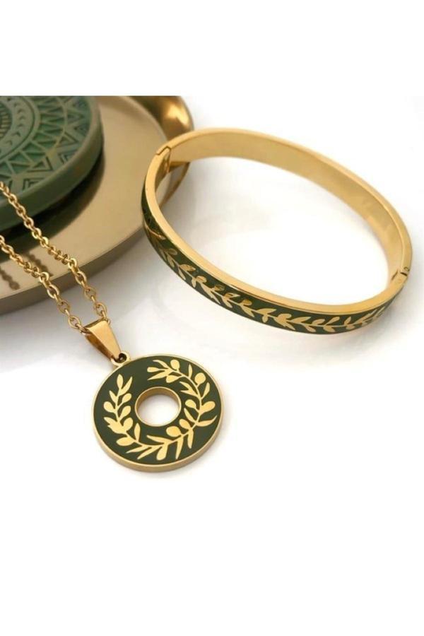 Eyla Collection Zeytin Yeşili Mineli Gold Çelik Kolye, Kelepçe Bileklik Seti - Image 1