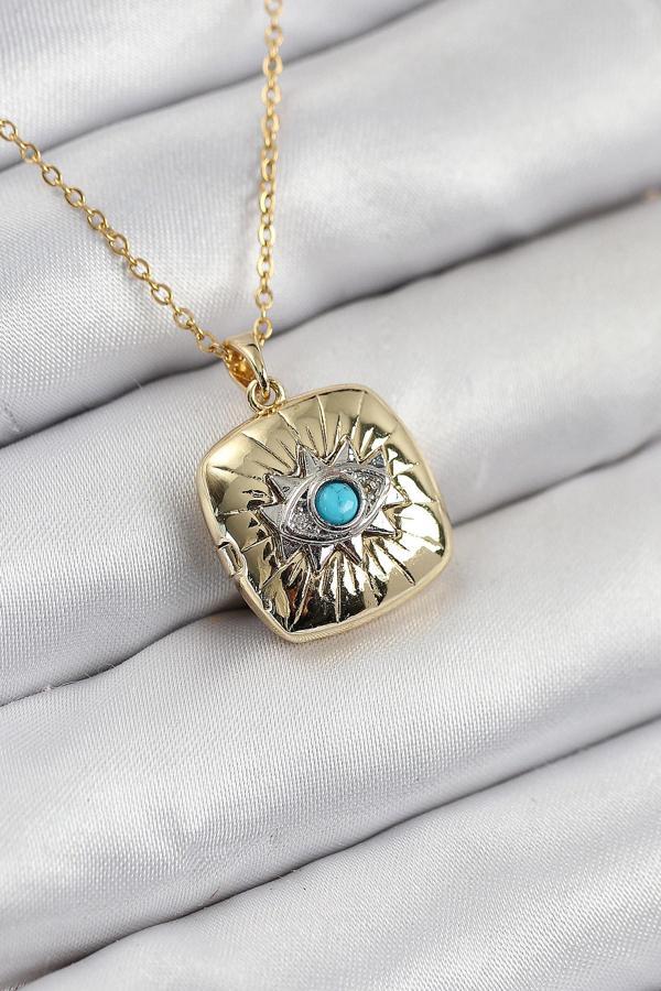 Zirkon Taşlı Açılabilr Kapaklı Göz Model Gold Renk Kadın Kolye - EBJ250902W37640 - Image 1