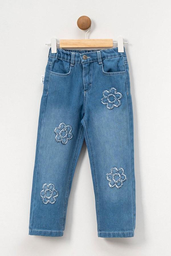 Kız Çocuk Çiçek Desenli Jean Pantolon - Image 1