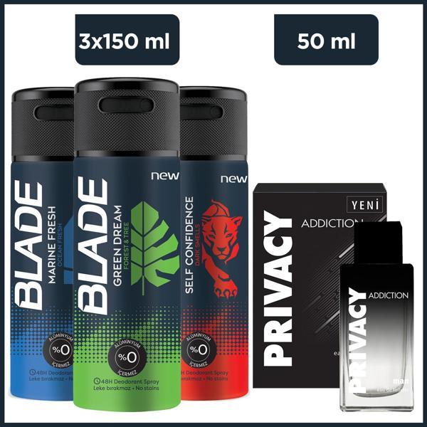Privacy Addiction Men 50 ml & Blade Green Dream, Marine Fresh,Self Confidence Deodorant 3x150 ml - Image 1