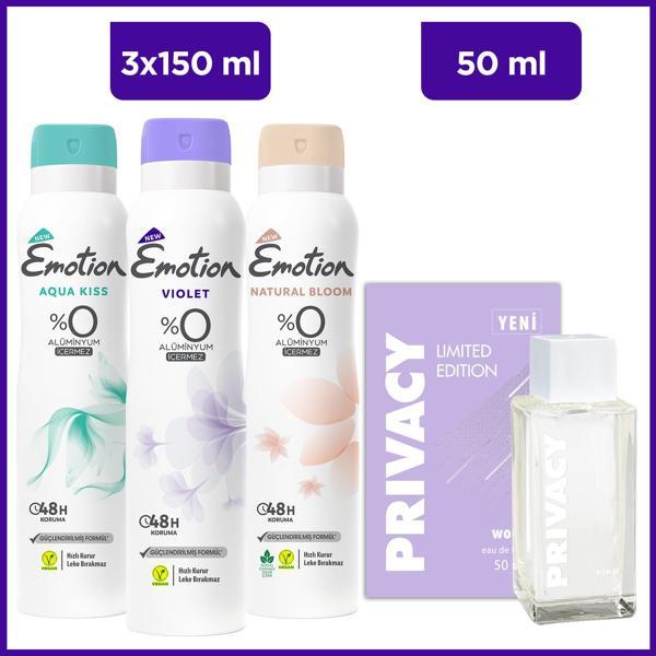 Privacy Limited Edition Woman Edt 50 Ml & Emotion Aqua Kiss, Violet, Natural Bloom 3x150 Ml - Image 1