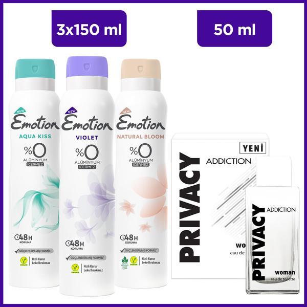 Privacy Addiction Woman Edt 50 Ml & Emotion Aqua Kiss, Violet, Natural Bloom 3x150 Ml - Image 1