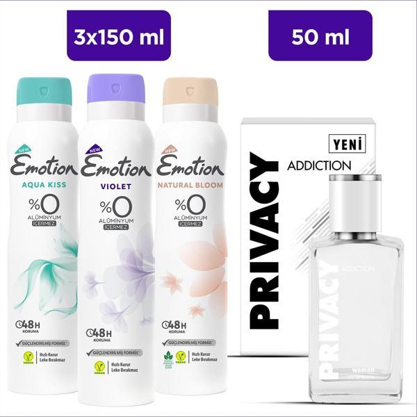Privacy Addiction Woman Edt 50 Ml & Emotion Aqua Kiss, Violet, Natural Bloom 3x150 Ml - Image 1