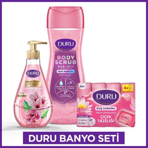 Duru Banyo Seti Pink Delight Body Scrub Duş Jeli 450 Ml,Kiraz Sıvı Sabun 500ml,Çiçek Tazeliği4x150gr - Image 1