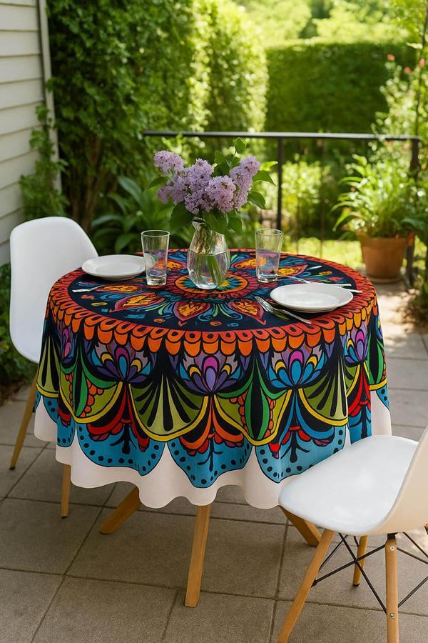 Yuvarlak Etnik Desenli Duck Kumaş Masa Örtüsü 150X150 Cm - Image 1