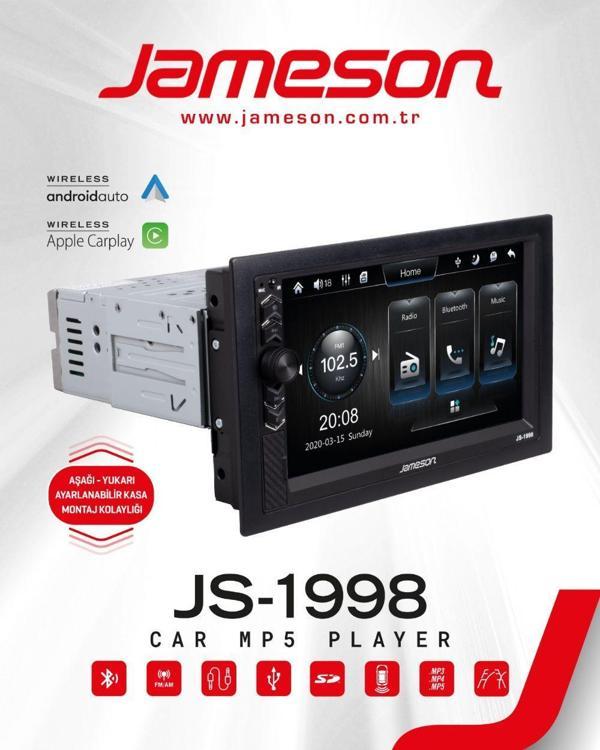 jameson js-1998-7'' tek din-KABLOSUZ CARPLAY-AYARLANABİLİR-BT-USB-FM-MP3-ARKASI KISA-DABIL TEYP-KAMERA HEDİYELİ - Image 1