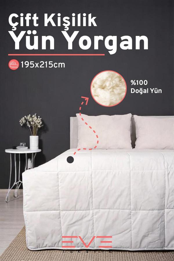%100 Merinos Kuzu Yünlü Pamuklu Antialerjik Çift Kişilik Yorgan 195x215 Cm - Image 1