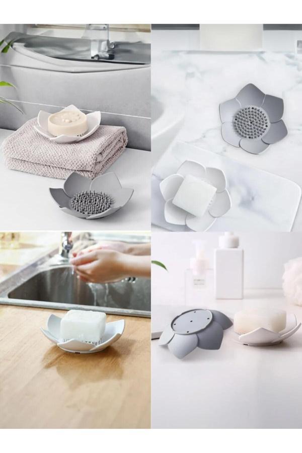 Meyre 4 Adet Lotus Desenli Su Giderli Silikon Sabunluk Sünger Tutacağı (Siyah, Beyaz, Gri, Mavi ) Şık Katı - Image 1