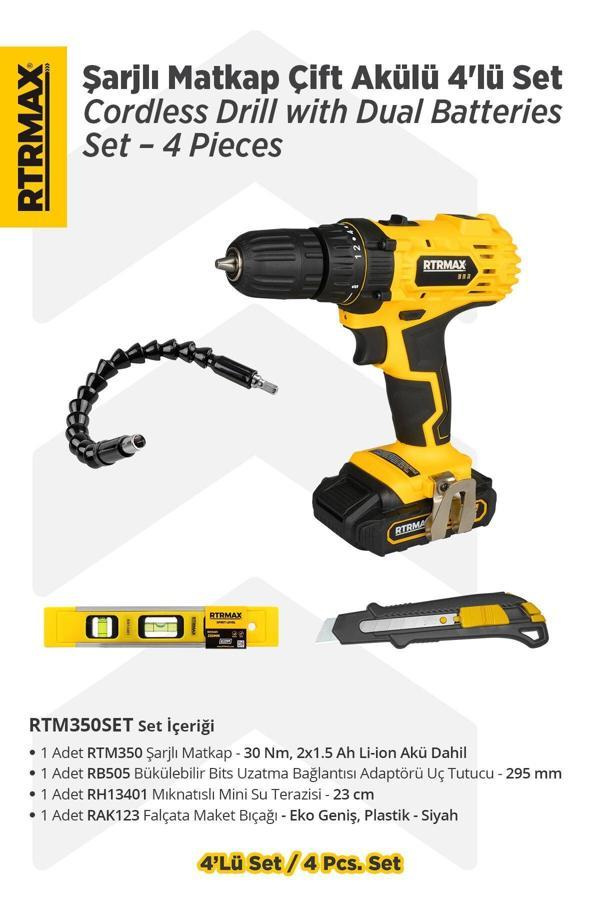 RTM350SET Şarjlı Matkap Çift Akülü 4'lü Set - Uç Tutucu-Mini Su Terazisi-Maket Bıçağı - Image 1