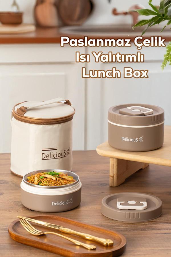 Porsima 3113-1 Isı Yalıtımlı Çanta Paslanmaz Çelik 2 Parça Vakumlu Yemek Termosu Beslenme Kutusu Taşınabilir Lunch Box Sefer Tası - Image 1