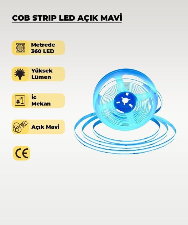 12V COB Şerit Led Açık Mavi Işık  - Metrede 360 Led - 5 Metre - Image 1
