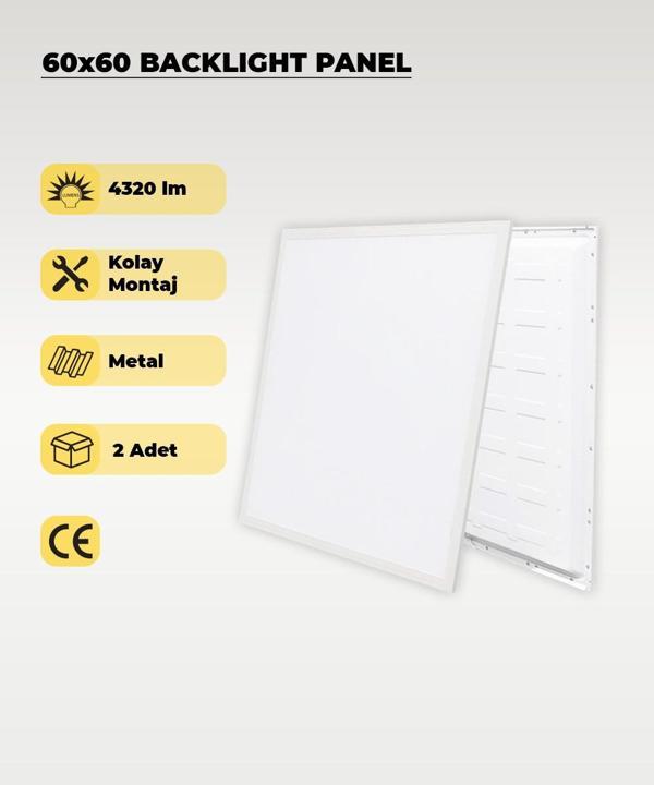 48 W. Sıva Altı 60x60 Backlight Beyaz Panel Armatür 4000K - 2 Adet - Image 1