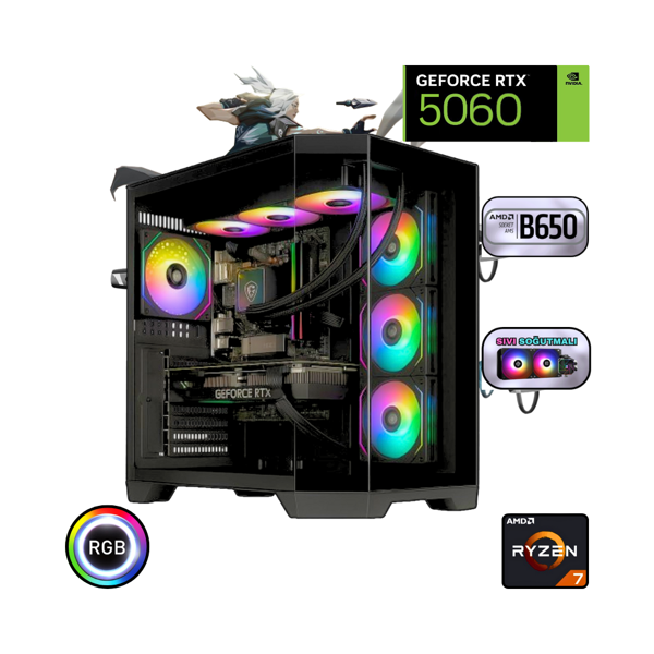 Ryzen 7 7800x3D 32GB Ddr5 1tb SSD Rtx 5060 B650 Anakart 240MM Sıvı Soğutma Oyuncu Bilgisayarı - Image 1