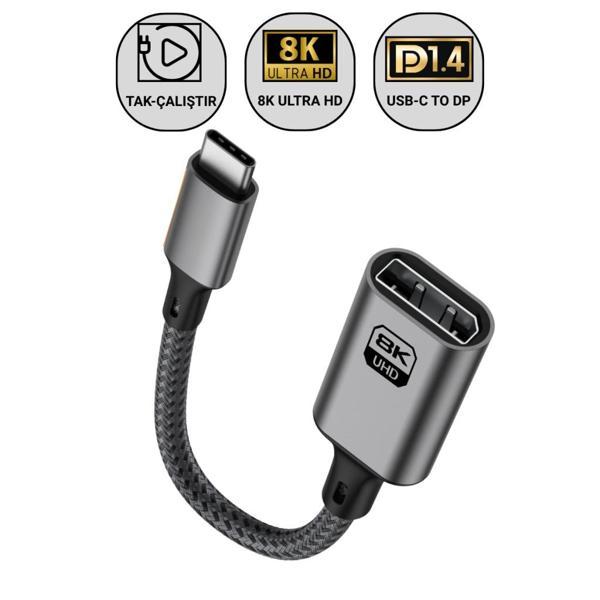Polham Type C To Displayport Adaptör 8K UHD 60Hz | Dayanıklı Örgü Kablo | Tak-Çalıştır 8K DP Kablosu - Image 1