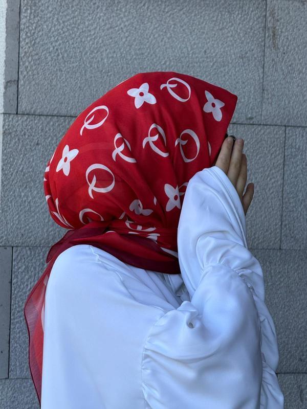 Pamuklu Soft Q Desen Eşarp-Kırmızı - Image 1