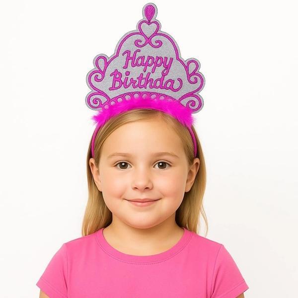 Pembe Happy Birthday Prenses Tacı – Doğum Günü Taç Aksesuarı - Image 1