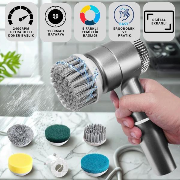 Coofbe  2400RPM Hızlı Şarjlı Değiştirilebilir 5 Başlıklı Profesyonel Temizlik Fırçası Mutfak Lavabo Banyo Temizlik Fırça - Image 1