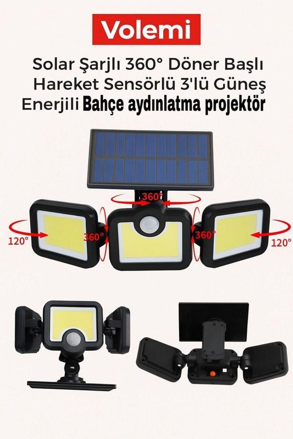 Jasper  Üçlü Solar Led Projektör – Beyaz Işık – Sensörlü Dış Mekân Aydınlatma - Image 1